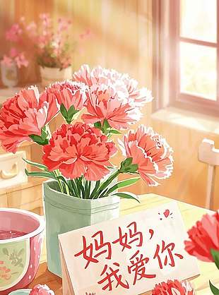 媽媽我愛你母親節(jié)日快樂溫馨場景插畫海報