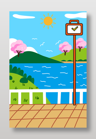 春天郊外湖邊風(fēng)景矢量插畫設(shè)計