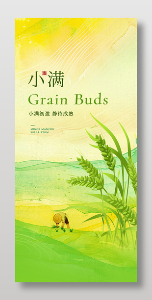 小滿節(jié)氣宣傳谷物插畫綠色背景海報(bào)