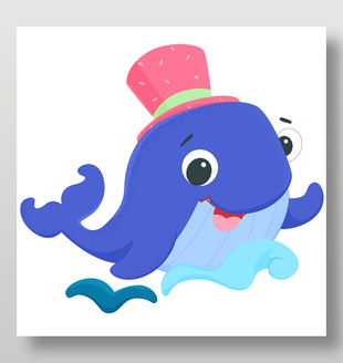 小鯨魚(yú)戴禮帽打招呼可愛(ài)卡通形象插畫(huà)