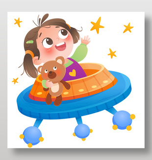 太空主題坐宇宙飛船的小女孩兒童插畫設(shè)計(jì)