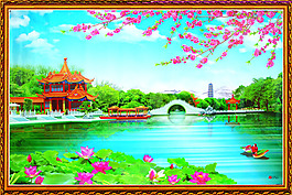 山水风景桃花中堂画