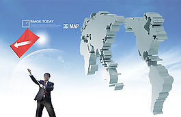 挥舞红旗的人物与立体地图PSD分层素材