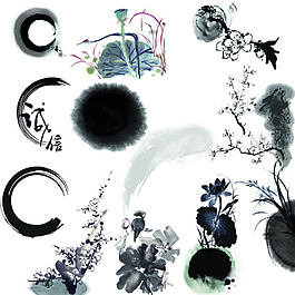 中国风笔触墨点植物