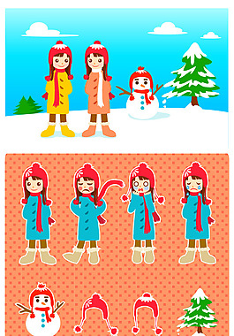 雪人和小女孩矢量素材