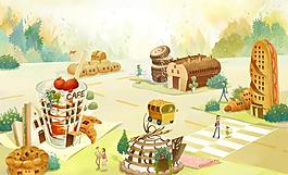 漫画手绘风格食物建筑图片