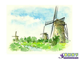 卡通风车场景PPT模板