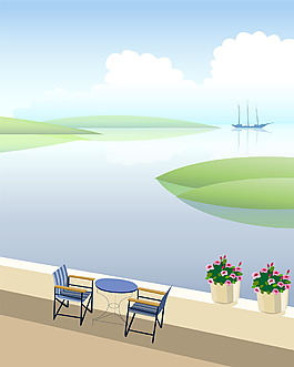 海边风景卡通风景移门