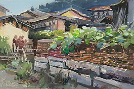 油画乡村房屋图片