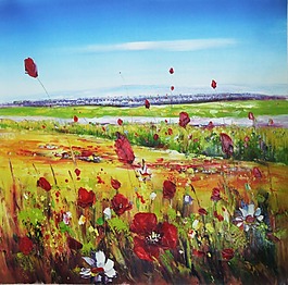 油画 花  草原