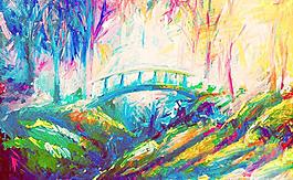 油画 林间拱桥图片