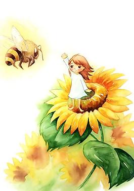 卡通蜜蜂向日葵与小女孩PSD