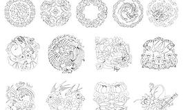 中式风格线描花纹矢量图 AI