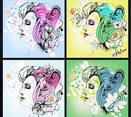 潮流线描美女特写矢量素材