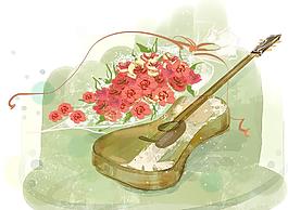 玫瑰花吉他插画图片