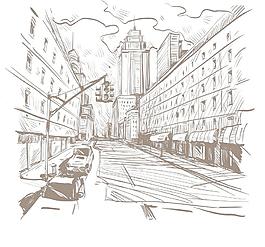 素描城市建築圖片黑白素描建築插畫素描水中城市建築風景圖片教堂建築