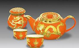 红釉 金龙 茶具图片