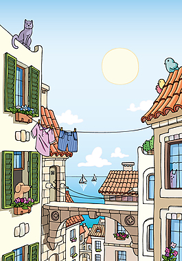 悠闲夏日小镇矢量素材