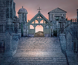 石楼梯黑暗的哥特式背景