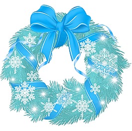 圣诞花环装饰着冰冷的蓝色丝带蝴蝶结和雪花矢量