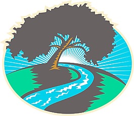山核桃树的蜿蜒的河流日出复古