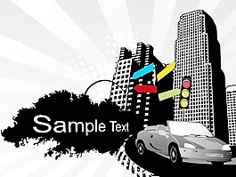 摩天大楼背景的汽车插图