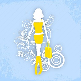 一个年轻时尚的女孩与花装饰蓝色背景的购物袋illustartion