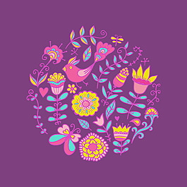 用鲜花和小鸟 圆的形状使蝴蝶圆矢量插图