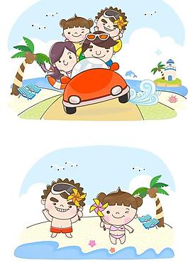 卡通人物家庭海滩玩矢量图2
