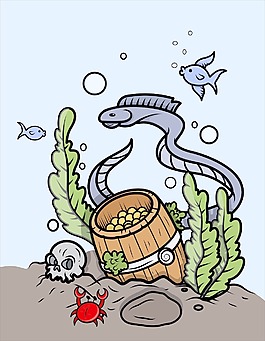 金币桶在海-卡通插画矢量