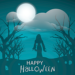 横幅或背景的幽灵般的夜间背景女巫万圣节派对概念剪影