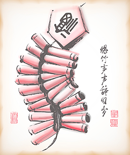 中国新年爆竹平移矢量水墨画：春天的归来