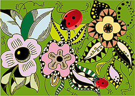 矢量绚丽手绘花朵瓢虫背景