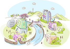 可爱手绘河边的城市矢量素材