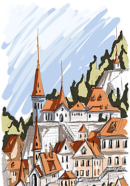 矢量素材手绘建筑群设计图片