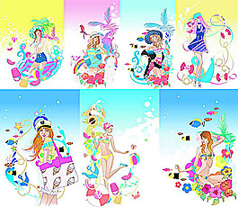 休闲度假动漫美女矢量素材