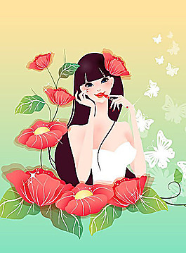 花丛中美丽女孩矢量插图素材