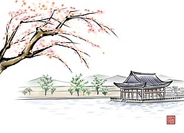 水墨绘画房屋枝头桃花