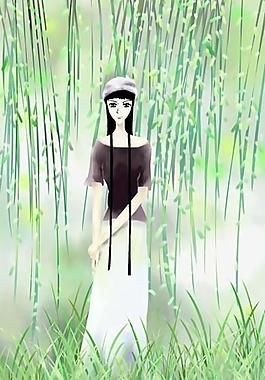 春天柳枝下的女孩图片