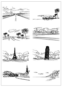 手绘建筑线稿矢量图