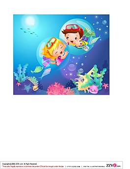海洋世界中潜水的男孩女孩