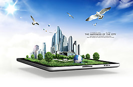 平板电脑上的城市楼群