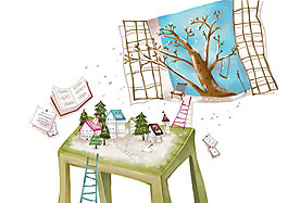 窗户前椅子上的房屋插画