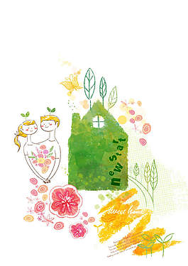 绿色房屋和情侣