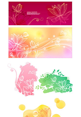 彩色线描花卉横幅矢量图