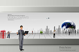 城市楼群地球和商务人物