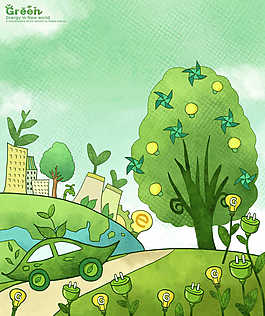 绿色大树和汽车插画