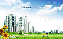 城市楼群和向日葵