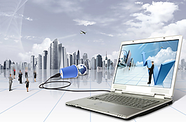 城市楼群和笔记本电脑