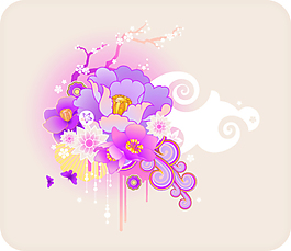 祥云前的树枝和牡丹插画